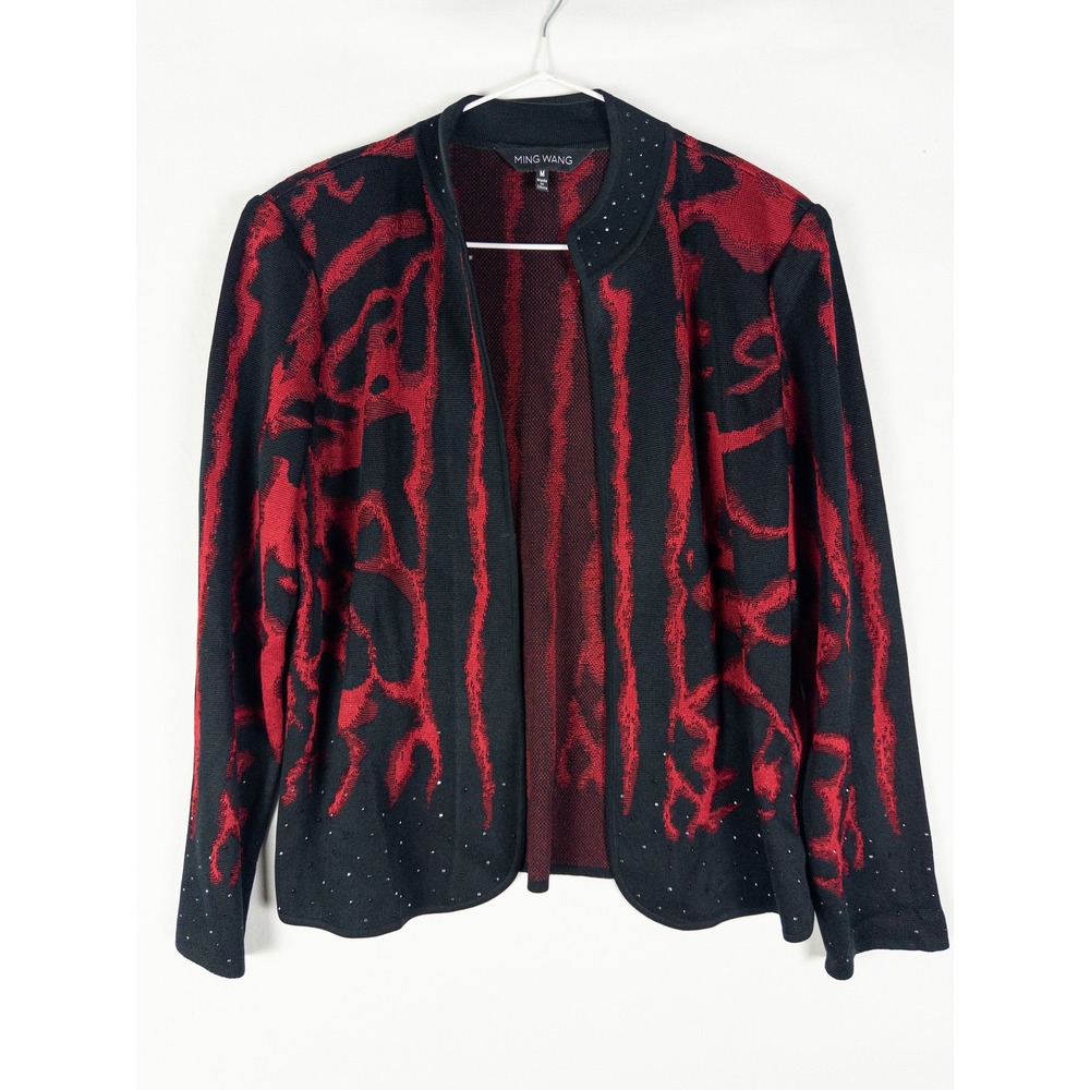 Ming Wang Abstract Knit Open Front Cardigan Womens M Black Red Rhinestone Statem